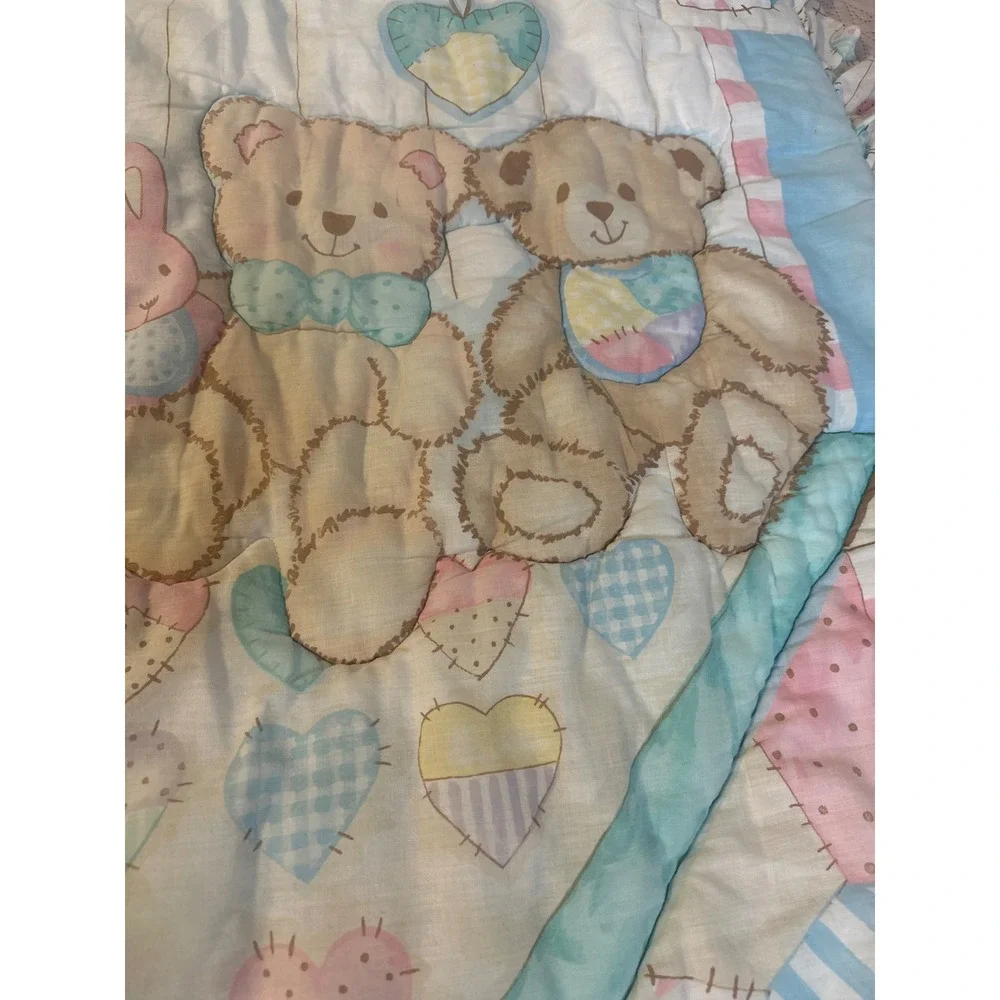 Vintage Teddy Bear Bunny Baby Comforter Pastel Patchwork Ruffle Quilt 33x42